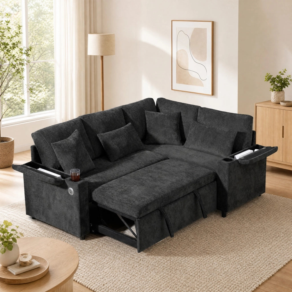 Divano letto angolare a destra con contenitore e USB 206;5x141x86 cm in ciniglia grigio scuro