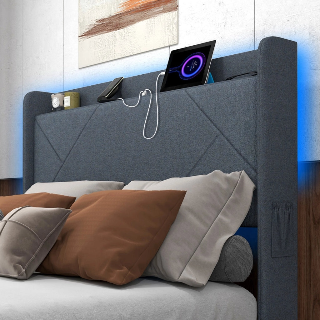 Struttura letto con luci LED letto imbottito con stazione di ricarica, Telaio letto matrimoniale 2 tasche di stoccaggio & 4 cassetti scorrevoli Grigio