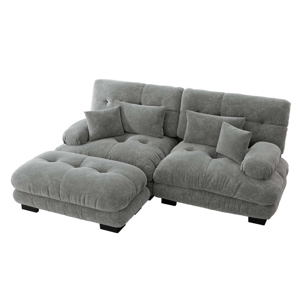 Divano modulare angolare in ciniglia con braccioli arrotondati, cuscini lombari e pouf per soggiorno, grigio