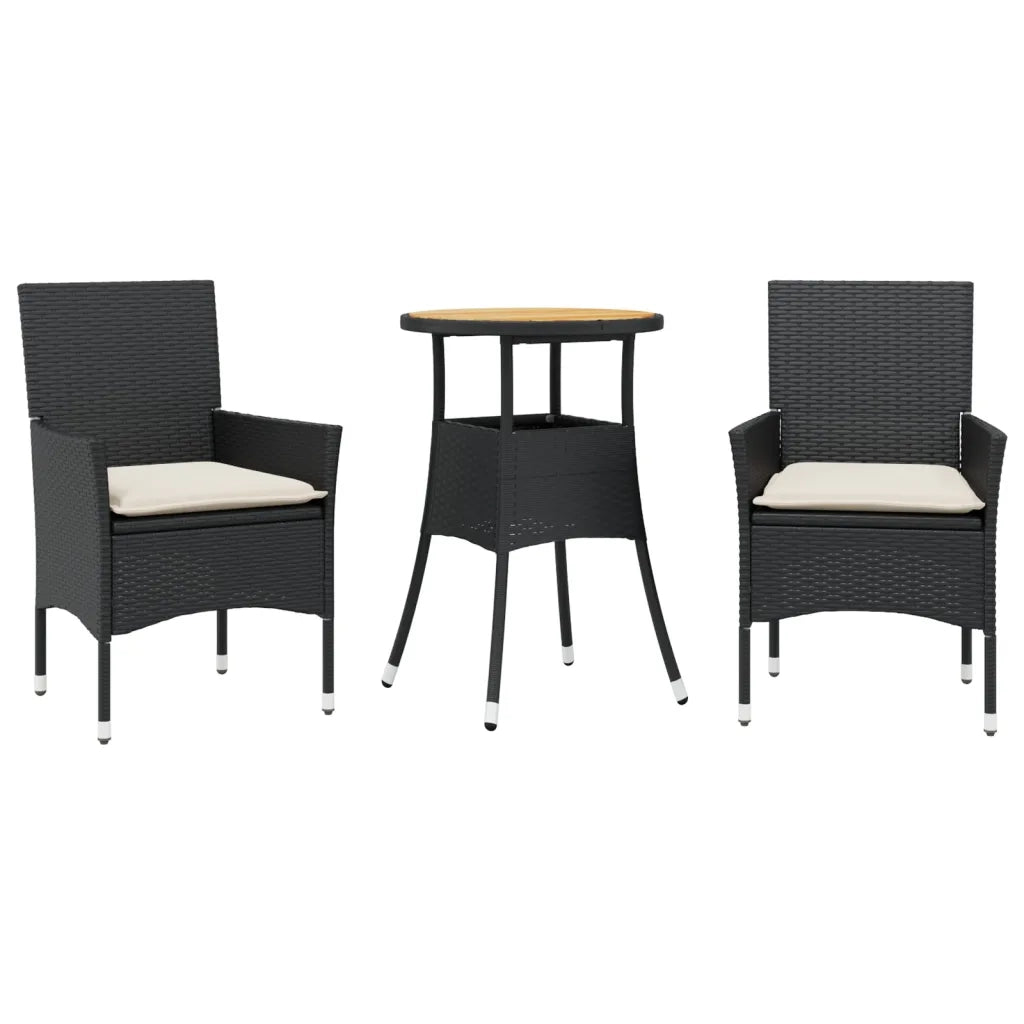 Set Pranzo da Giardino 3 pz | Set Salotto da Giardino con Cuscini Nero Polyrattan Acacia