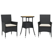 Set Pranzo da Giardino 3 pz | Set Salotto da Giardino con Cuscini Nero Polyrattan Acacia