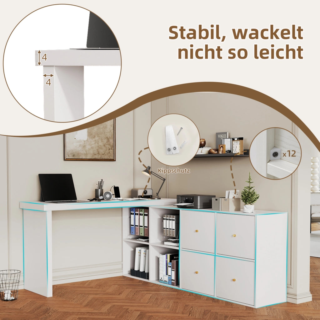 Scrivania girevole in MDF bianco con 8 vani