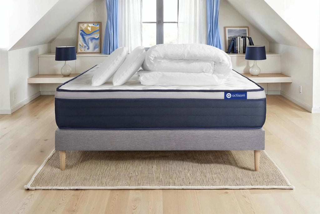 Pacchetto letto completo - Materasso 140x200cm + Box spring con doghe (kit) + 2 cuscini + Piumino - Actilatex Max
