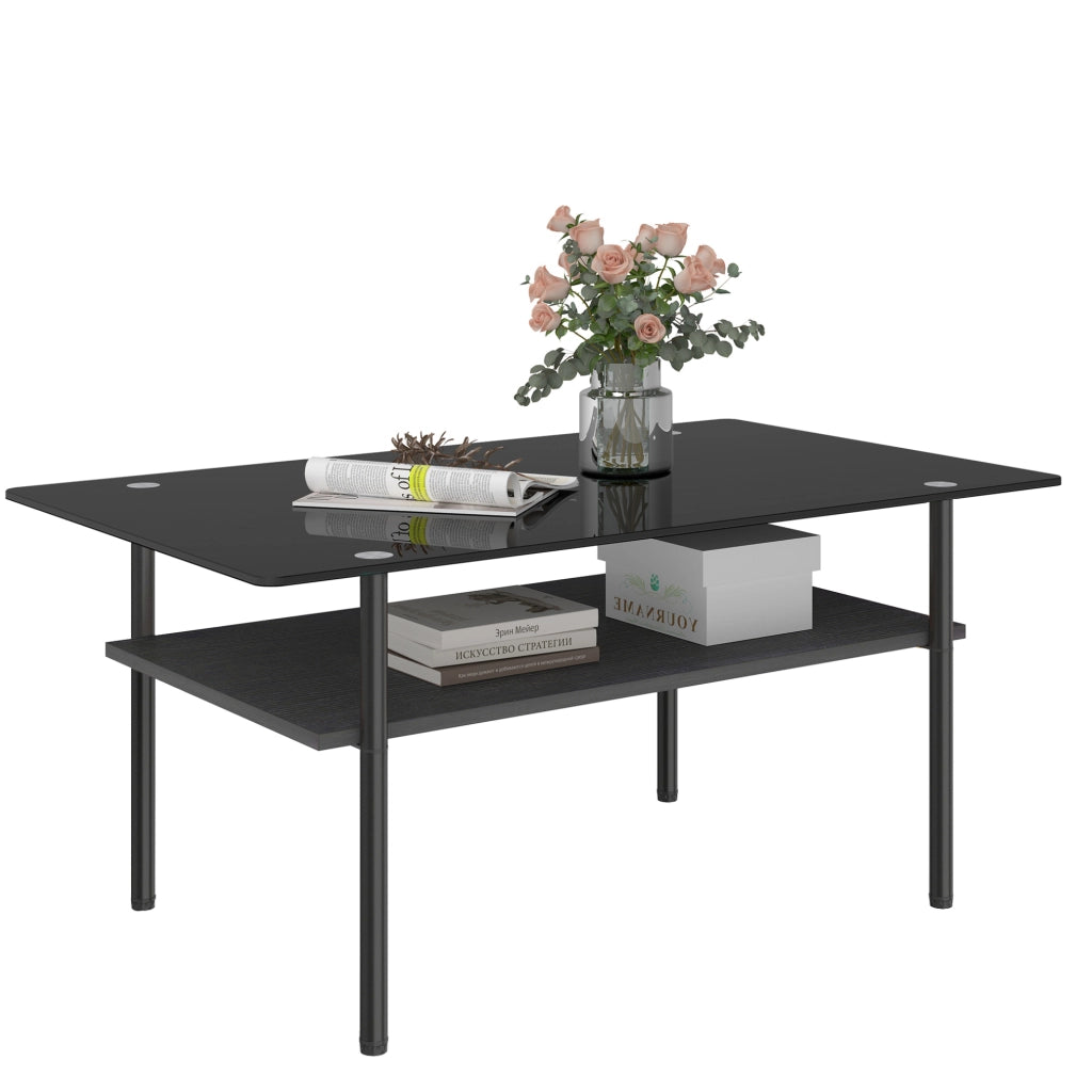 Tavolino da caffè 98x58x45 cm con piano in vetro nero; ripiano in MDF e struttura in metallo; nero