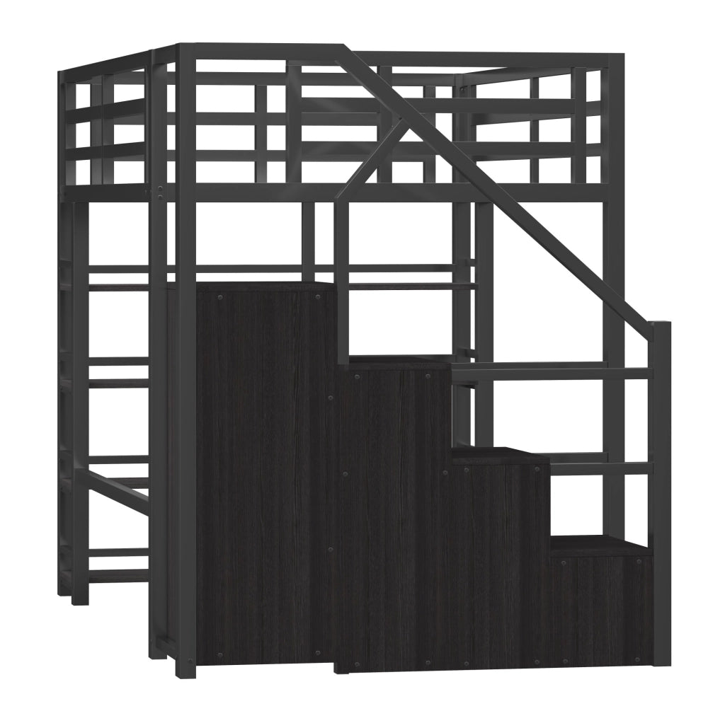 Letto a soppalco 140x200 cm con armadio; scaffale; scala contenitore e LED; nero