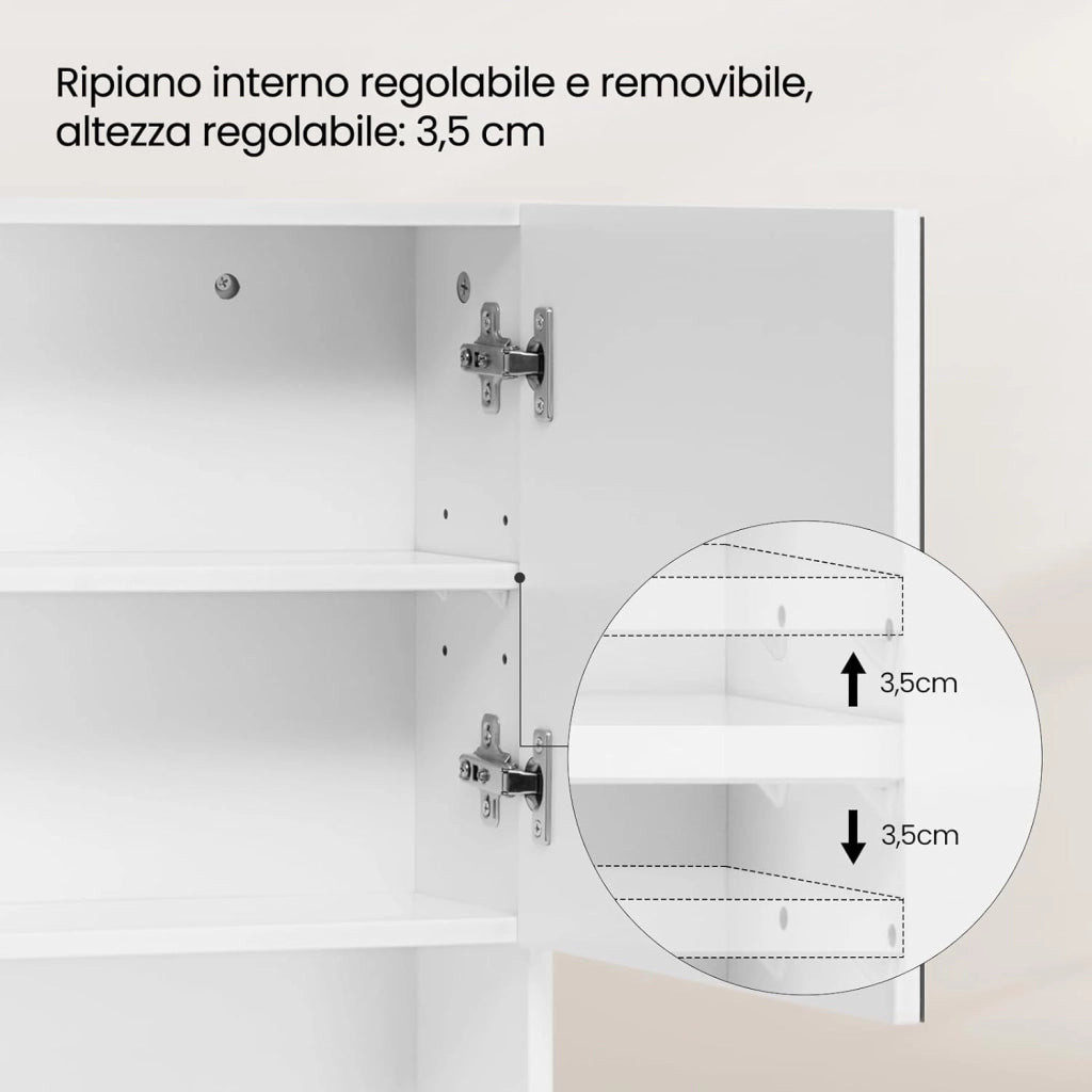 Armadietto da Bagno con Specchio e Anta, Mobiletto Sospeso con 5 Scomparti, Pensile da Cucina, Soggiorno, Camera da Letto, in MDF e Metallo, Bianco