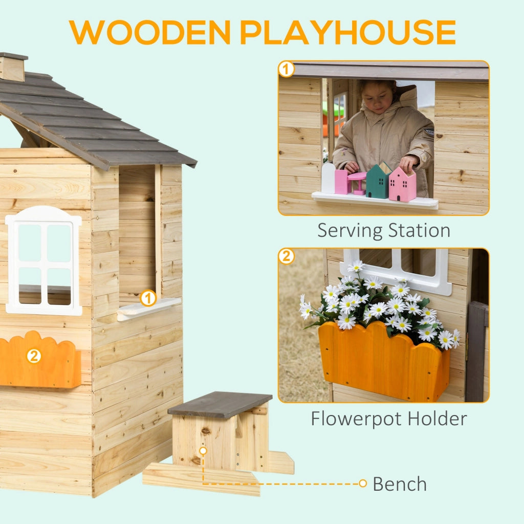 Casetta Bimbi 3-7 Anni a 2 Finestre con Portavasi e Panchina 113Lx94x134,5 cm in Legno di Abete e PP Naturale