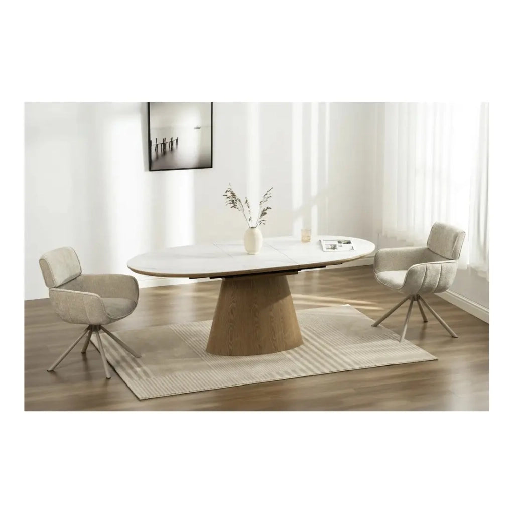 Table LUMEA – Effetto marmo bianco ceramico e legno – 160-200 cm – Estensibile – Forma ovale