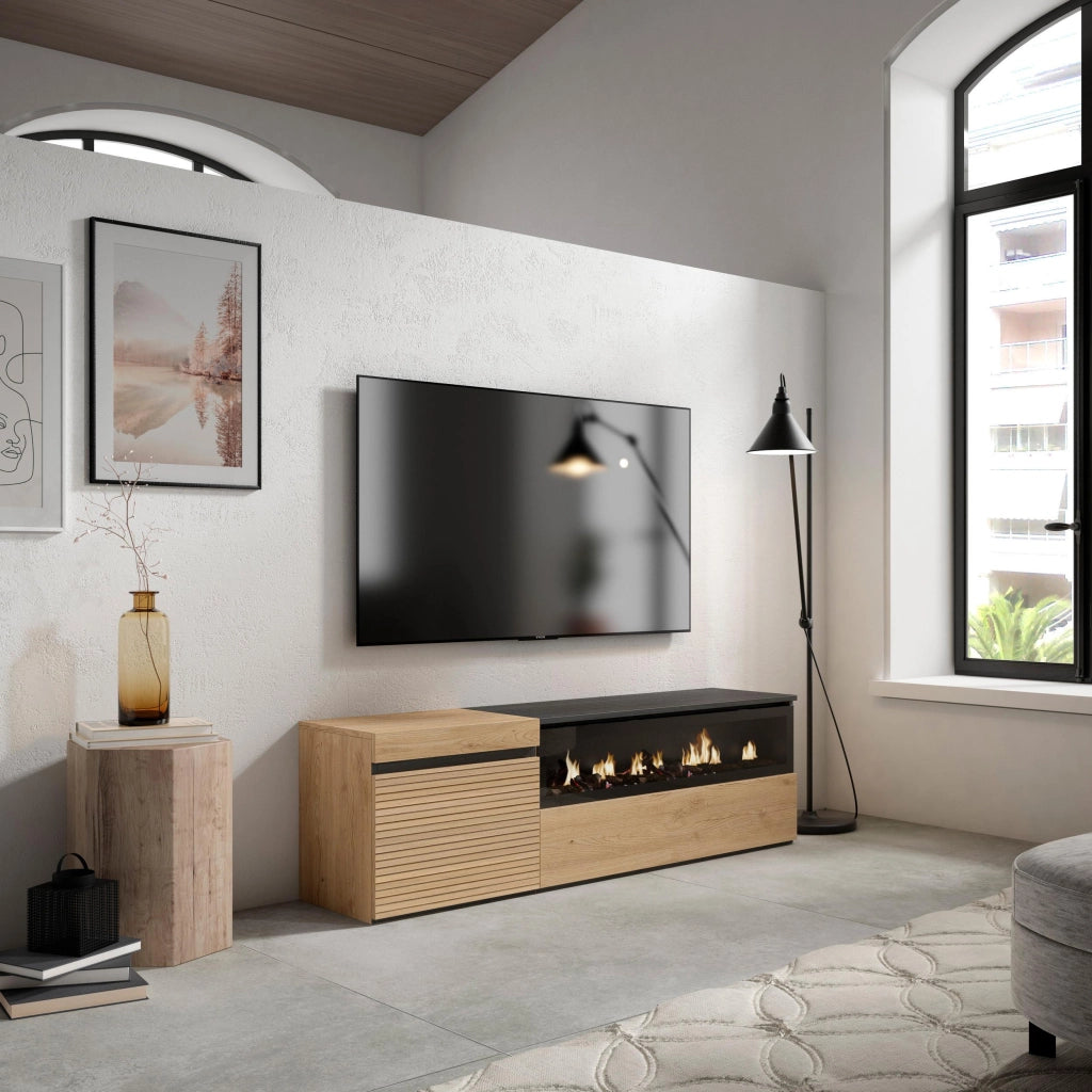 Mobile TV Soggiorno, 150x35x45cm, Per TV fino a 65", Camino elettrico, colore Rovere RF3301