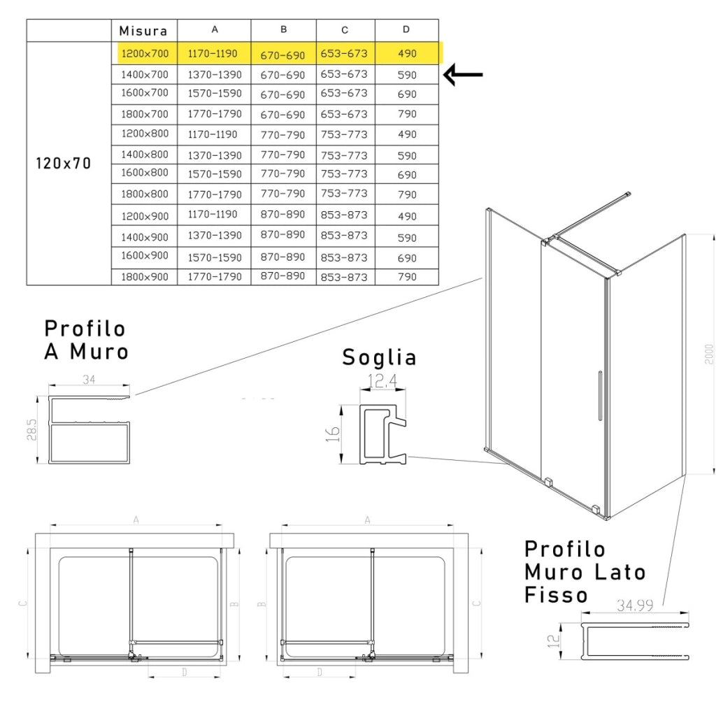 Box doccia due lati anta scorrevole senza profili 8mm h200 brenta, misura 70x120