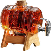 Decantatore da 1 Litro con Rubinetto - Barile trasparente per dispensare bevande alcoliche - Scodella in legno - Barile da vino whisky e limonata