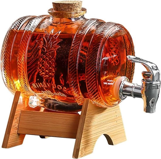 Decantatore da 1 Litro con Rubinetto - Barile trasparente per dispensare bevande alcoliche - Scodella in legno - Barile da vino whisky e limonata