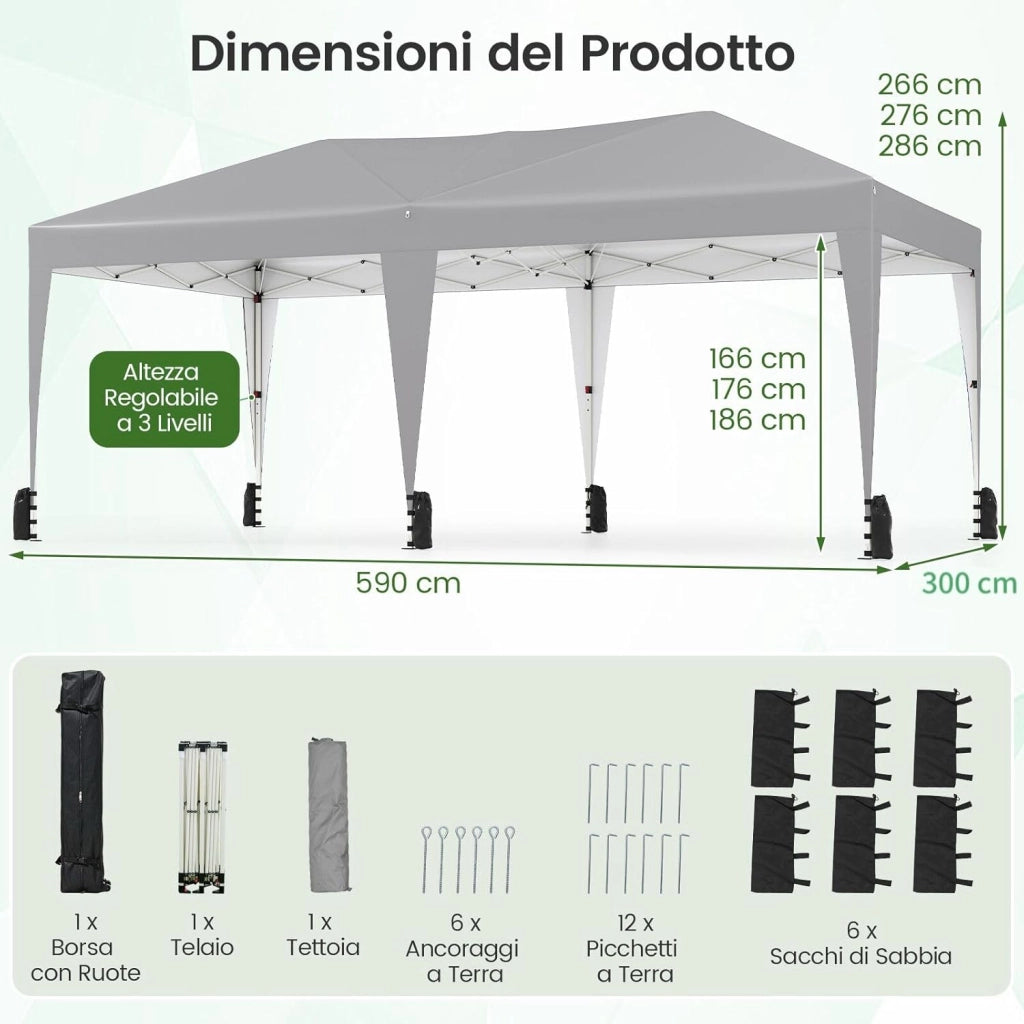 3x5,9 m Gazebo da Giardino Pieghevole, Regolabile in Altezza, Gazebo Esterno Impermeabile Antivento con Borsa a Rotelle, Montaggio Veloce, Tendone per Feste, Mercati e Matrimoni (Grigio)