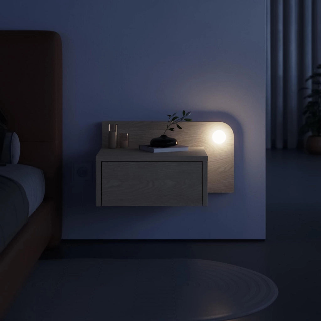 Comodino "Dotta" con lampadina in legno - 52 x 30 x 28 cm - Beige