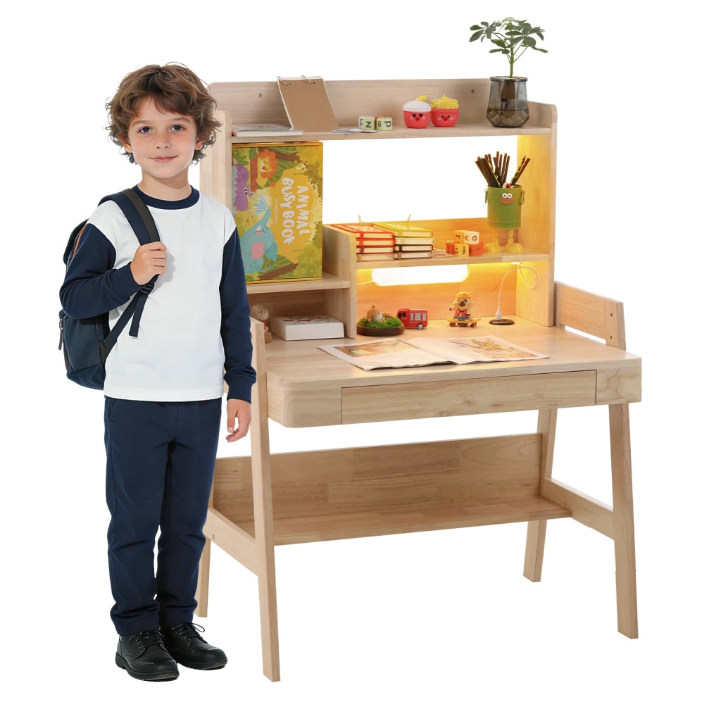 Scrivania per bambini, regolabile in altezza, con cassetto, ripiani, luce a LED, porta USB, color rovere