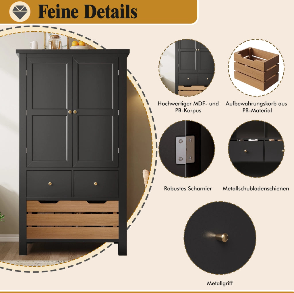 Credenza da cucina nera 80x40x140 cm con 5 cassetti