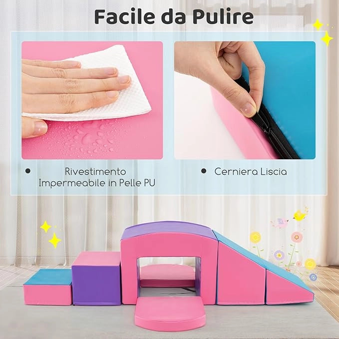 6 Blocchi di Schiuma per Arrampicata, Gioco Morbido per Bambini, Set di Costruzioni Colorate per Arrampicarsi e Strisciare con Tunnel, Scale e Rampetta per Bambini 12 Mesi + (Viola)