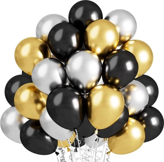 60 palloni in latex nero con effetto metallizzato oro helium argento - 305 cm decorazione per compleanni lauree matrimoni.