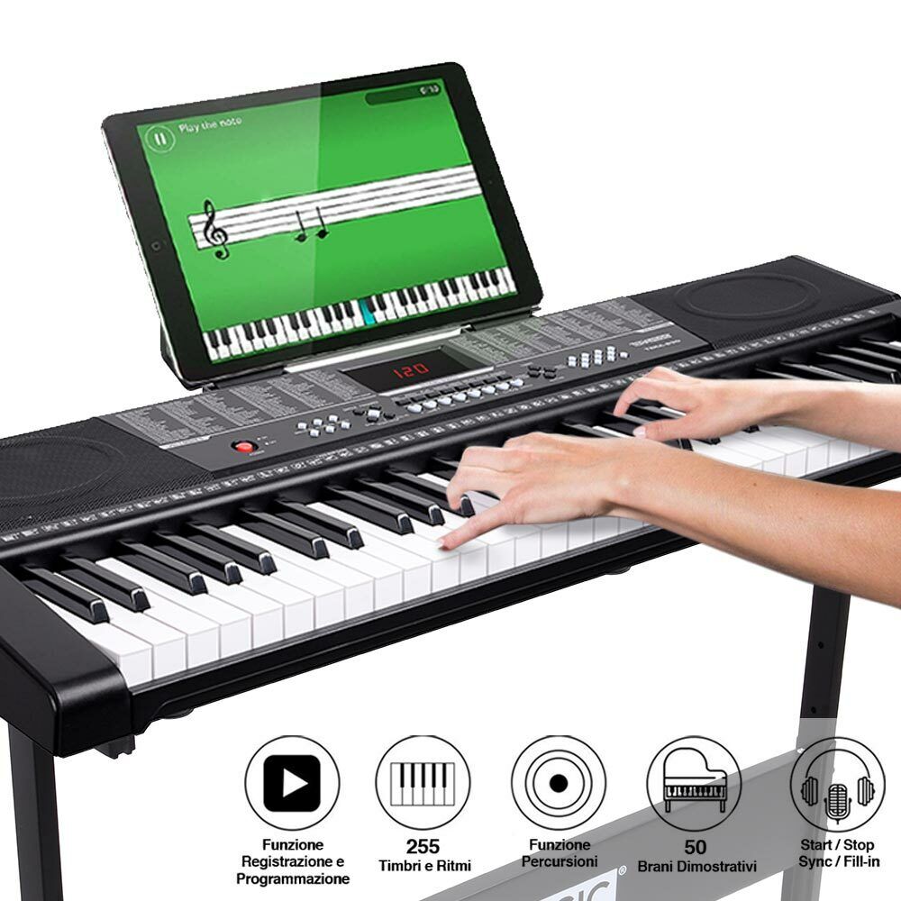Tastiera Musicale Pianola Elettronica 61 Tasti con Supporto Sgabello e Cuffie
