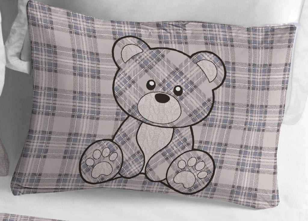 Copripiumino Sacco Piumone Cotone Flanella Pensieri Delicati Orsetto Tartan - Matrimoniale - Grigio