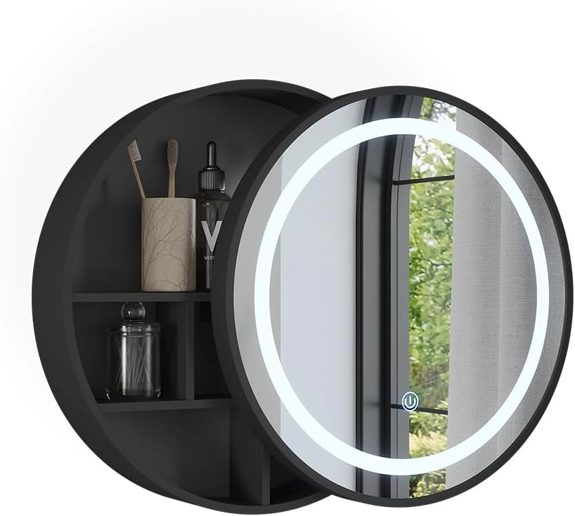 Specchio contenitore bagno Silva, Nero, 50 x 50 cm con 5 vani portaoggetti, per montaggio a parete con illuminazione LED integrata