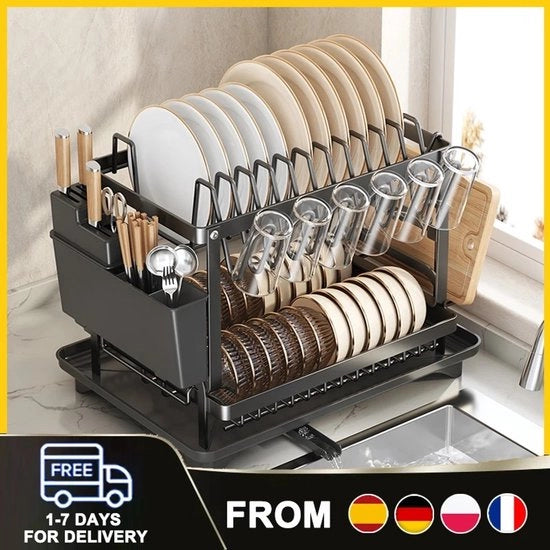Afdriuva 2 livelli in acciaio di carbonio con drenaggio automatico, per piatti, taglieri, con contenitore per bicchieri & accessori