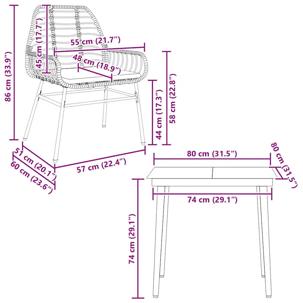 Set da Pranzo da Giardino 3 pz con Cuscini Polyrattan Vetro