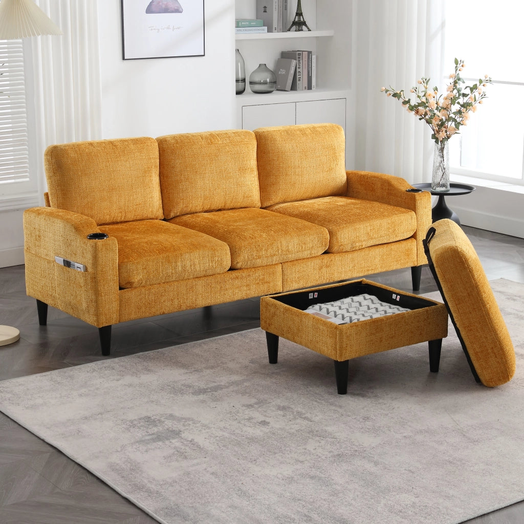 Divano Lineare 4 Posti con Pouf Contenitore; Portabicchieri e Tasche Laterali; Struttura Metallo Legno in Ciniglia Giallo