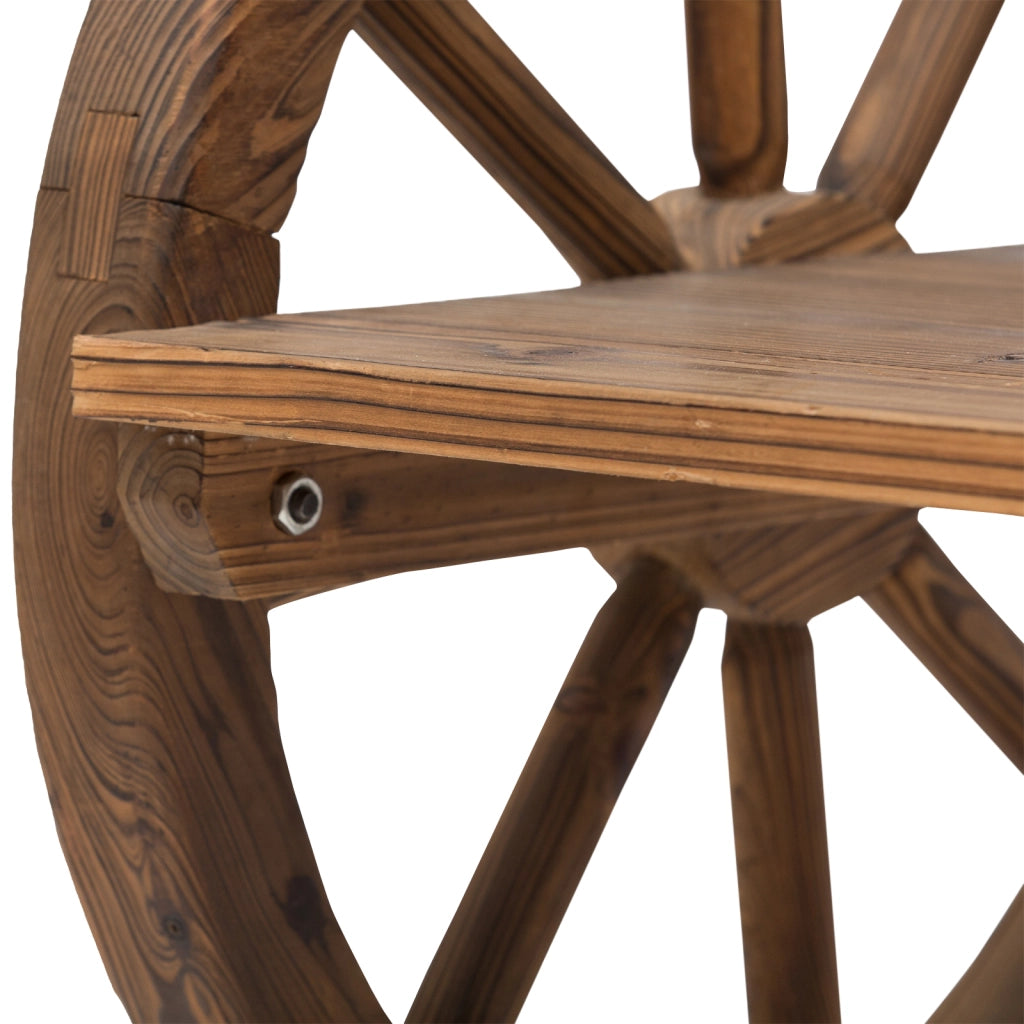 Panca da giardino rustica in legno massiccio con braccioli a design ruota, 2 posti, marrone scuro