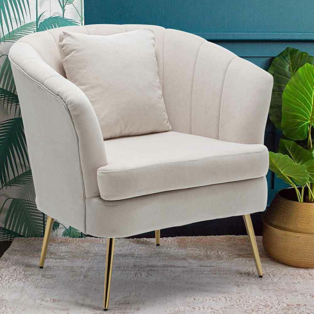 Poltrona Sedia Relax in Tessuto e Metallo Imbottita Design Moderno Beige Oro