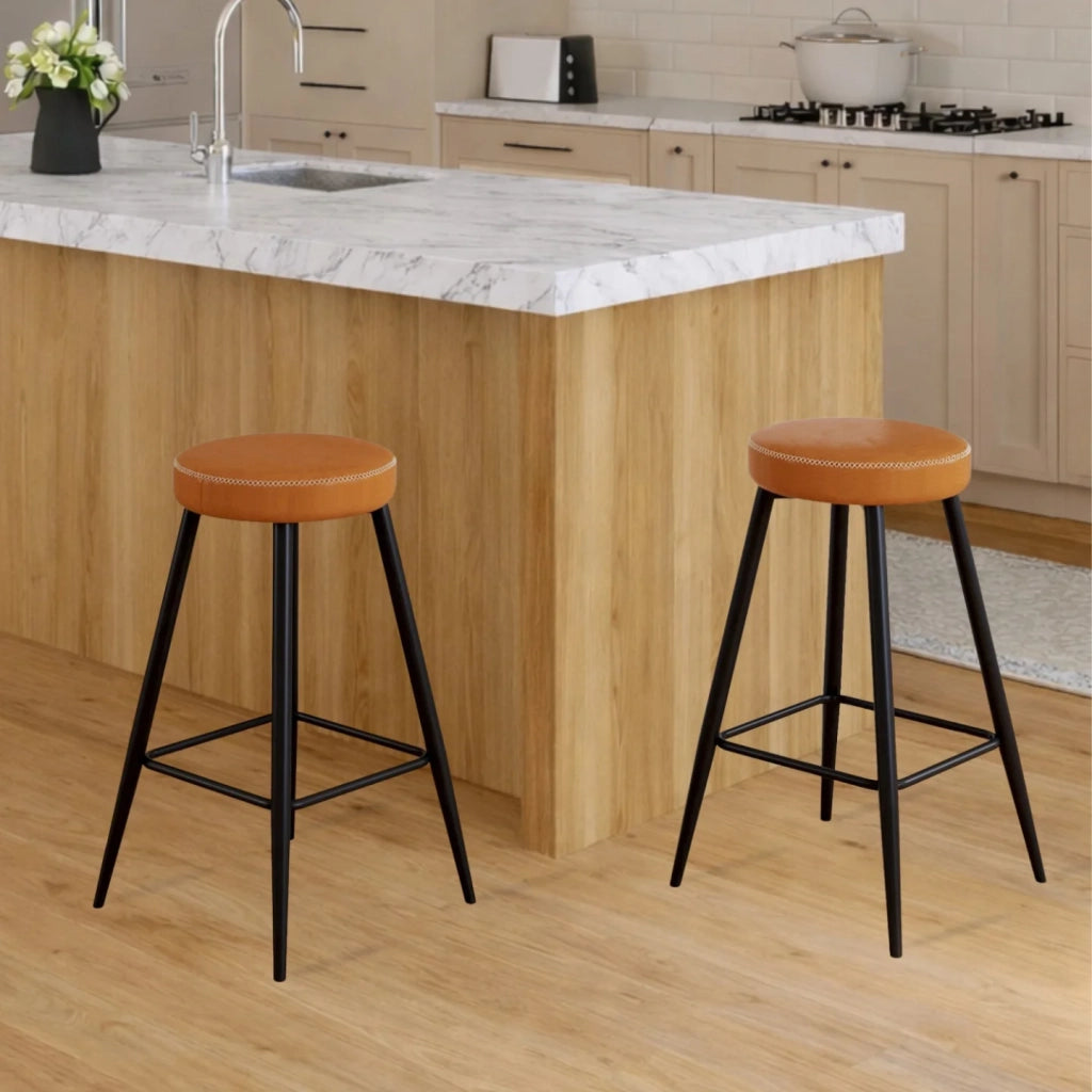 IDMarket - Set di 2 sgabelli da bar ISAURE marrone con cuciture e gambe in metallo nero