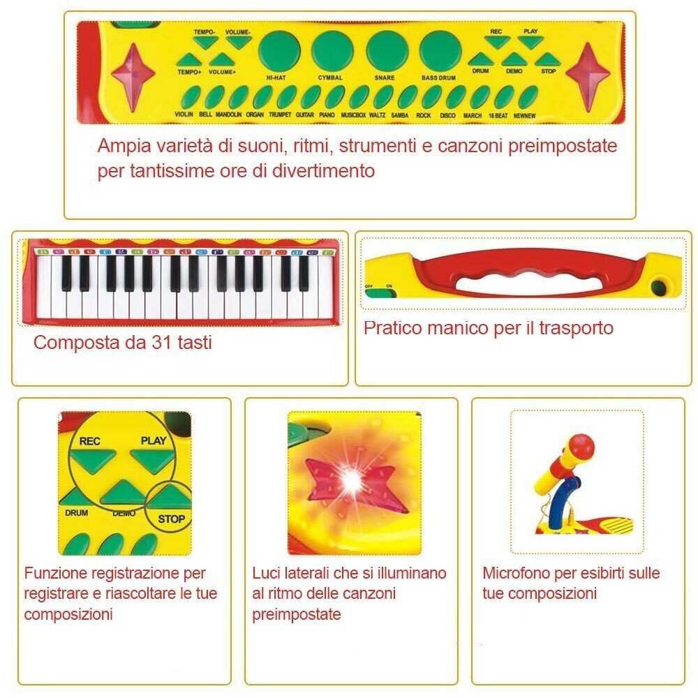 Pianola Giocattolo per Bambini Tastiera 31 Tasti Microfono Supporto e Sgabello