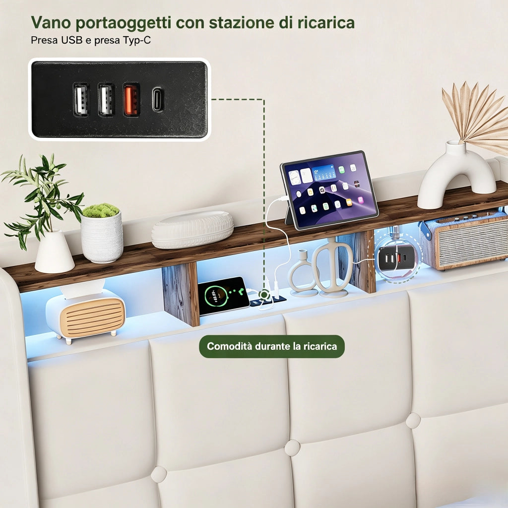 Letto una piazza e mezza 140x190 cm con contenitore LED USB testiera con mensola rete a doghe in lino - beige