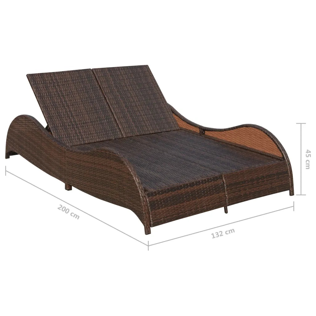 Lettino Prendisole Doppio con Cuscino in Polyrattan Marrone 41976