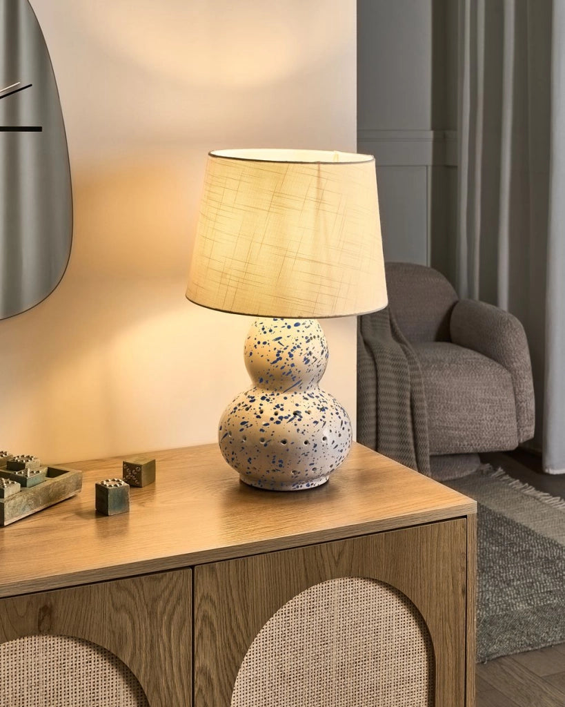 Lampada da tavolo con base in ceramica bianca artistiche macchie blu paralume in lino stile tamburo soggiorno moderno