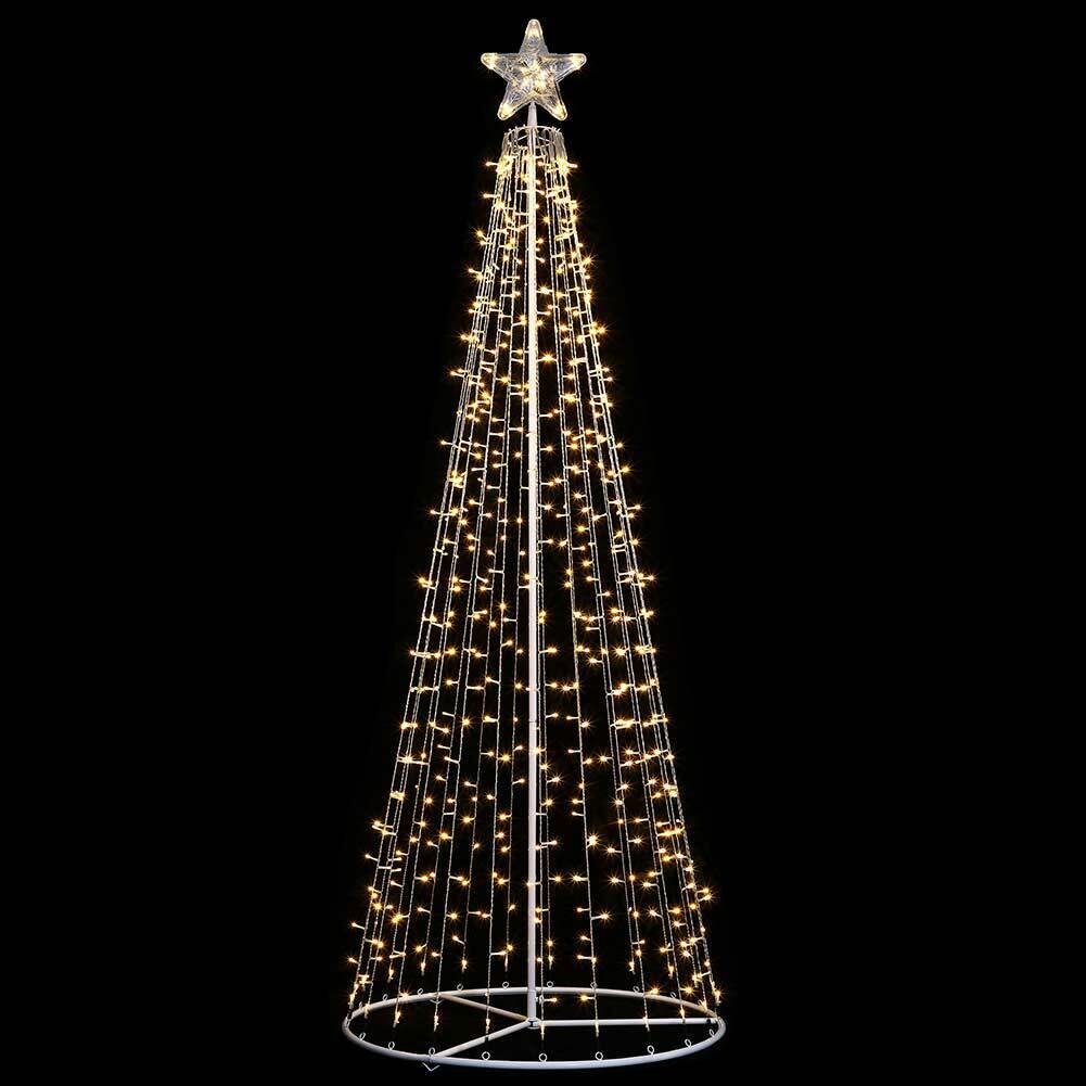 Albero Natale Luminoso 220cm 592 LED Bianco Caldo 8 Giochi Luce Metallo Esterno