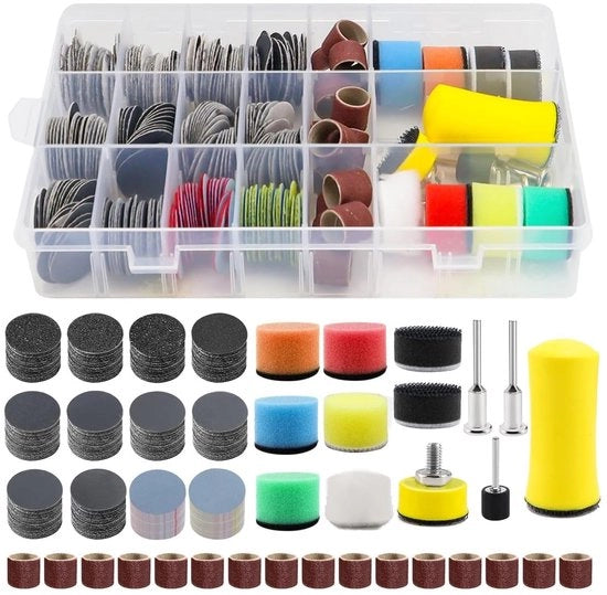 Set di dischi abrasivi 268 pezzi - diametro 25 mm - grano 12-10.000 - carta abrasiva - sistema di chiusura con nastro adesivo - contenitore in plastica - carta vetrificante