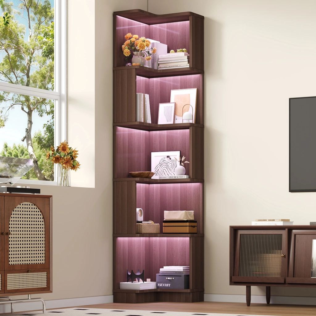 Libreria angolare a L con 5 ripiani e strisce LED regolabili tramite app in MDF marrone 63.5 × 45 × 175 cm