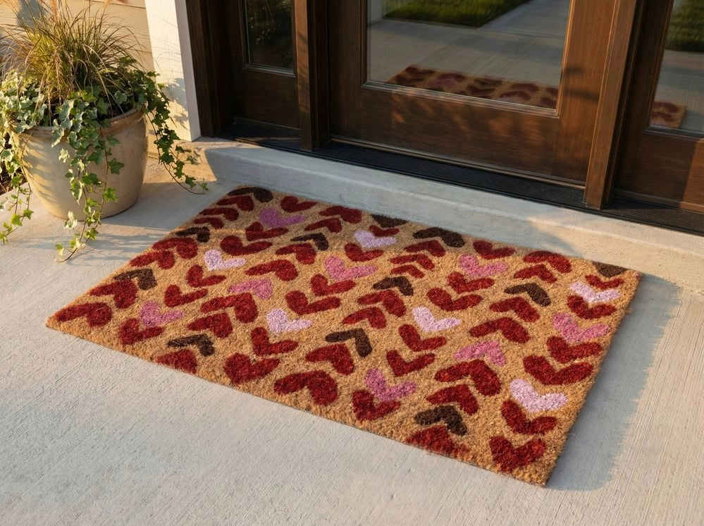 Zerbino in fibra di cocco naturale con fondo in PVC antiscivolo 40 x 60 cm con stampa a cuore in rilievo Decorazione moderna per interni