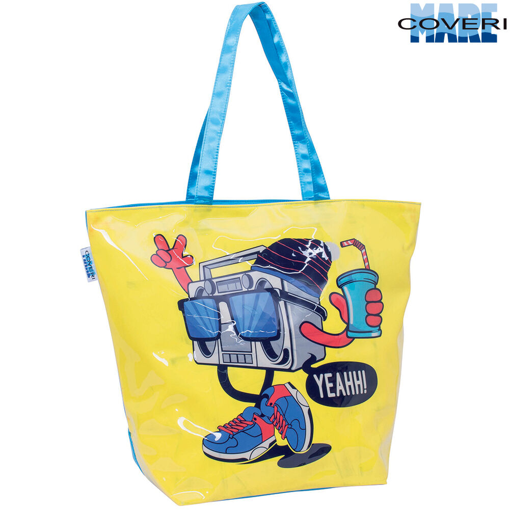 BORSA MARE SPIAGGIA CON MANICI STAMPA RADIO 55X45X22CM ENRICO COVERI 4 COLORI