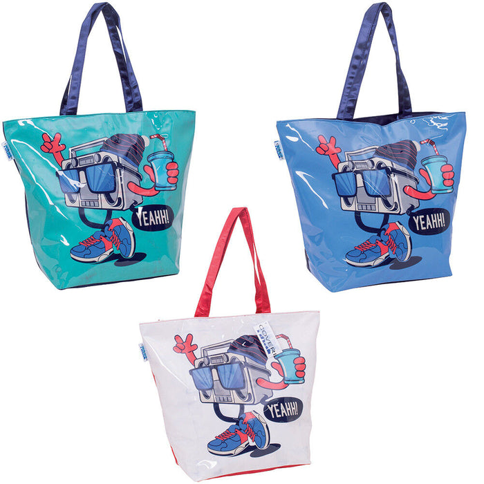 BORSA MARE SPIAGGIA CON MANICI STAMPA RADIO 55X45X22CM ENRICO COVERI 4 COLORI
