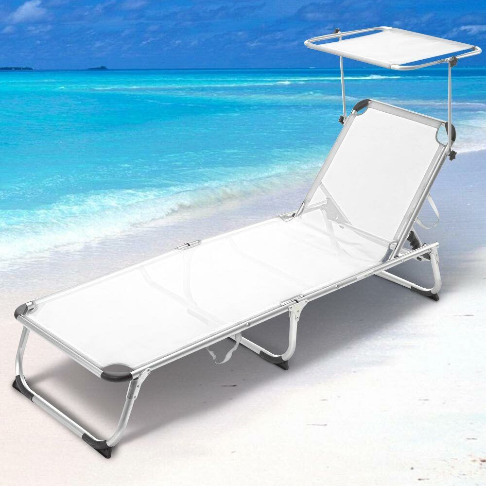 Lettino Prendisole con Tettuccio Parasole Sdraio Mare Bianc Alluminio Pieghevole