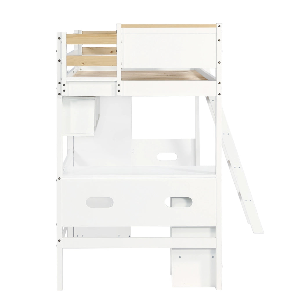 Letto a castello per bambini 90x200 cm con scrivania; armadio e ripiani; bianco e naturale