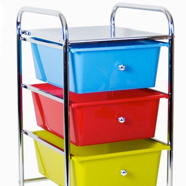 Carrello Estetista In Acciaio Cromato Cassettiera 3 Cassetti Colorati E 4 Ruote