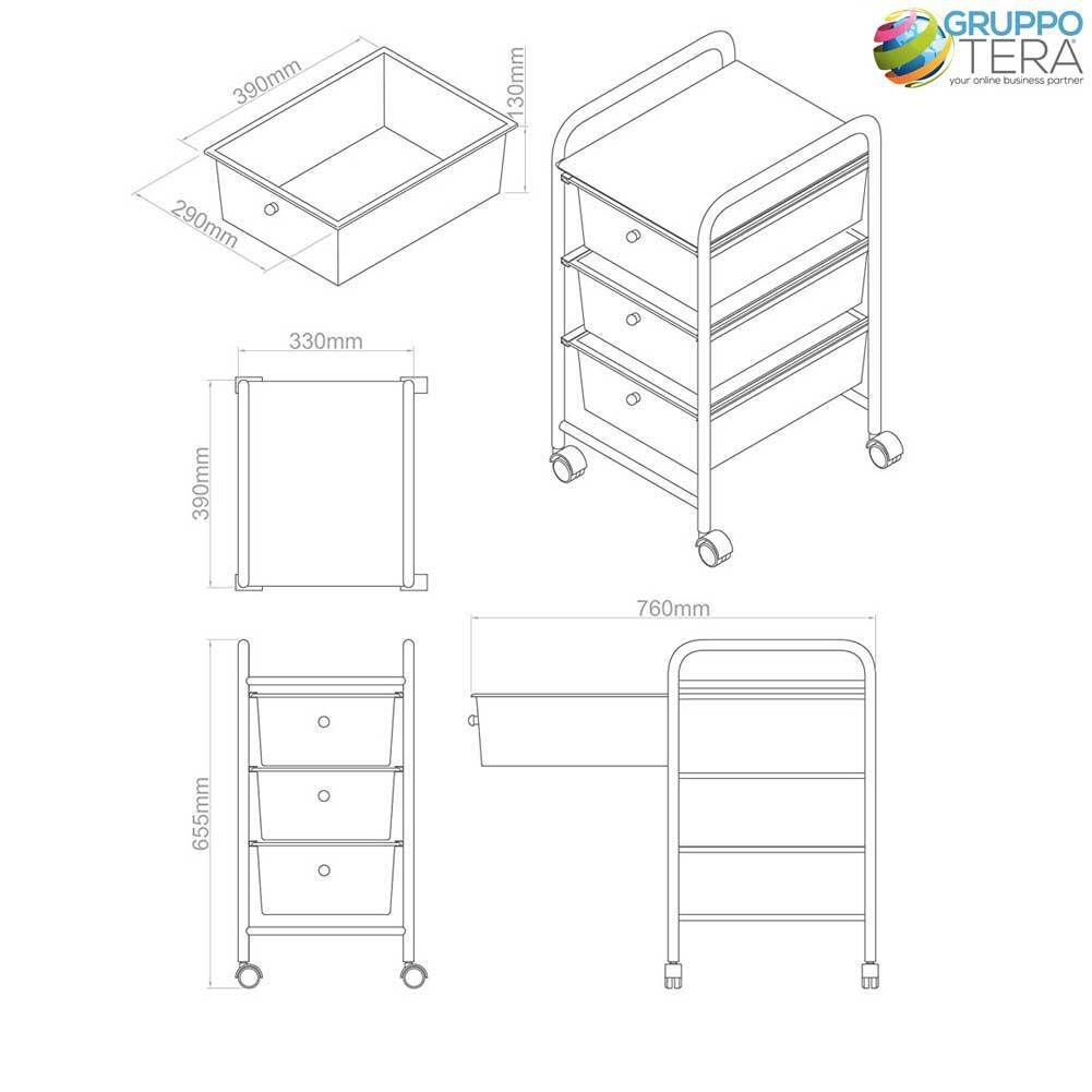 Carrello Estetista In Acciaio Cromato Cassettiera 3 Cassetti Colorati E 4 Ruote