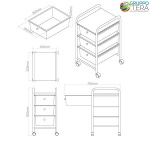 Carrello Estetista In Acciaio Cromato Cassettiera 3 Cassetti Colorati E 4 Ruote