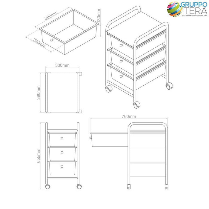 Carrello Estetista In Acciaio Cromato Cassettiera 3 Cassetti Colorati E 4 Ruote