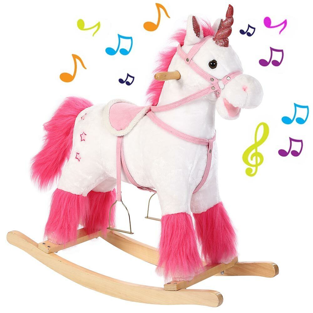 Unicorno a Dondolo Cavalcabile Peluche Cavallo Giocattolo Bambini Suoni Bianco
