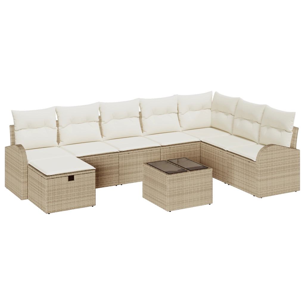 Set di Divano da Giardino a 9 Pezzi con Cuscini Beige in Rattan
