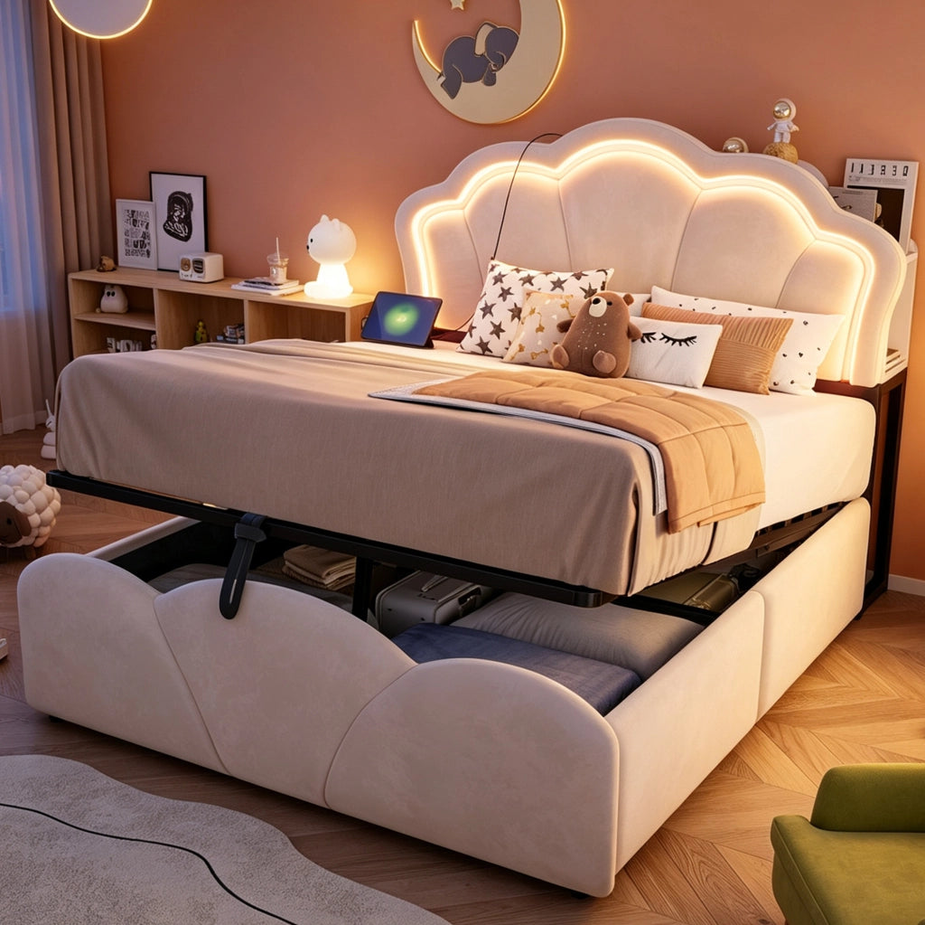 Letto imbottito 140x200 cm con contenitore idraulico; LED e vani nella testiera in velluto beige